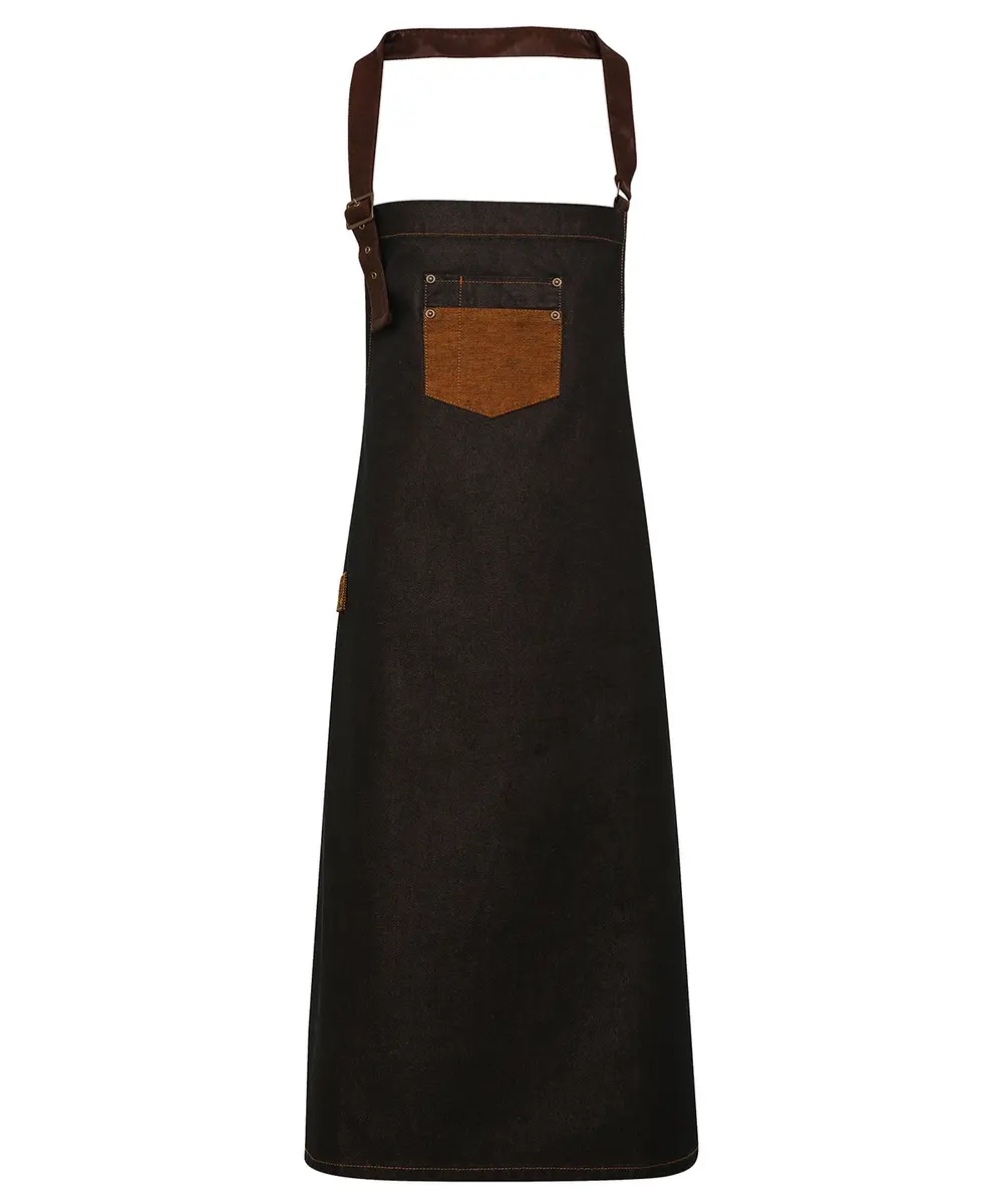 Division Waxed-look Denim Bib Apron With Faux Leather Black Tan Denim