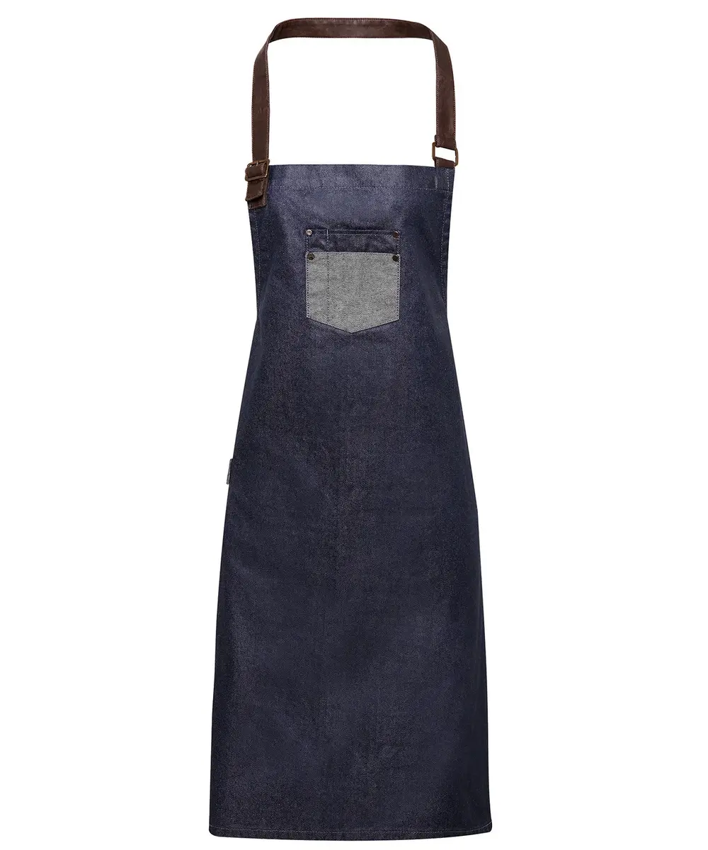 Division Waxed-look Denim Bib Apron With Faux Leather Indigo Denim