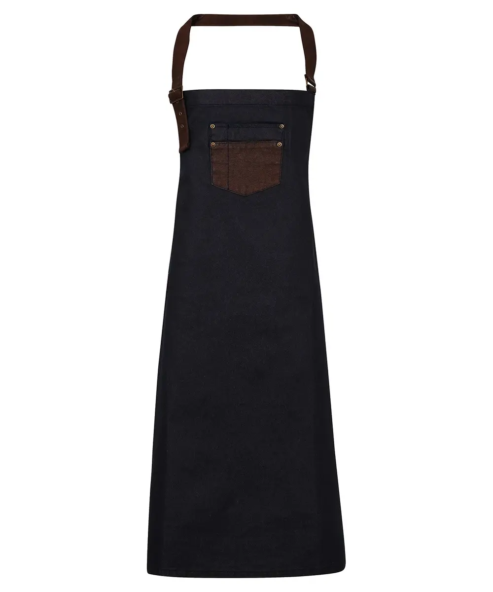 Division Waxed-look Denim Bib Apron With Faux Leather Indigo Brown Denim