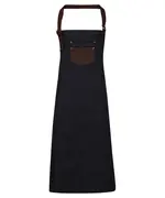 Division Waxed-look Denim Bib Apron With Faux Leather Indigo Brown Denim